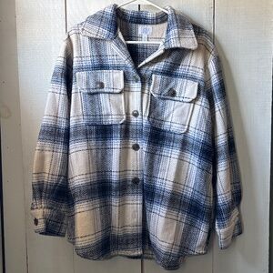 Woman’s blue and white plaid wool like jacket